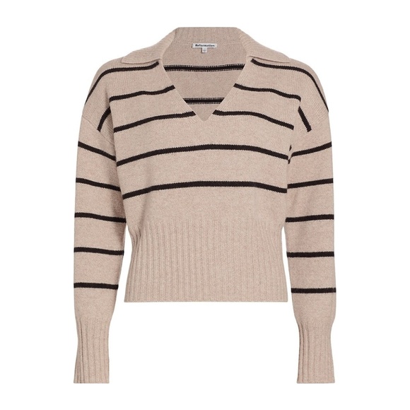 NEW Reformation Beckie Cashmere Collared Sweater Barley with Black Stripe Small - Picture 1 of 17
